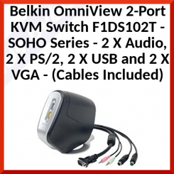 Belkin OmniView 2-Port KVM Switch F1DS102T (Refurbished) - SOHO Series - 2 X Audio, 2 X PS/2, 2 X USB and 2 X VGA (Cables Included) - Refurbished