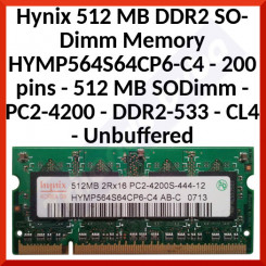Lenovo Hynix 512 MB DDR2 SO-Dimm Memory HYMP564S64CP6-C4 - 200 pins - 512 MB SODimm - PC2-4200 - DDR2-533 - CL4 - Unbuffered - Refurbished