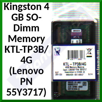 Kingston 4 GB SO-Dimm Memory KTL-TP3B/4G (Lenovo PN 55Y3717) - 4 GB SODimm - 204-pin - DDR3 - 1333 MHz / PC3-10600 - CL9 - 1.5 V - unbuffered - non-ECC - for Lenovo ThinkCentre, ThinkPads - Clearance Sale - Uitverkoop - Soldes - Ausverkauf