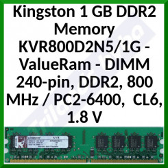 Kingston 1 GB DDR2 Memory KVR800D2N5/1G - ValueRam - DIMM 240-pin, DDR2, 800 MHz / PC2-6400,  CL6, 1.8 V, unbuffered, non-ECC