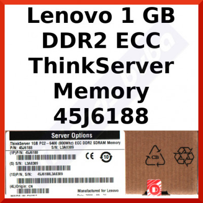Lenovo 1 GB DDR2 ECC ThinkServer Memory 45J6188 - DDR2, DIMM, 240 Pins, 800Mhz, PC2-6400, CL6, Registred, ECC for ThinkServer RS-110, TS-100, TS-110