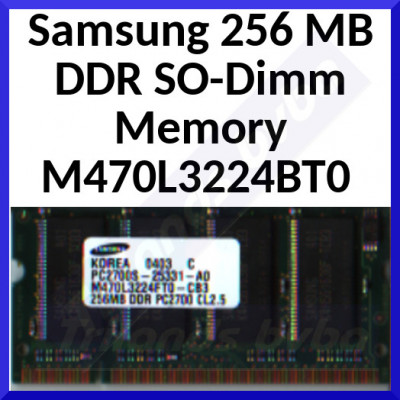 Samsung 256 MB DDR SO-Dimm Memory M470L3224BT0 - SODimm - DDR - 200 pins - PC-2100 - CL2.5 - Laptop Memory - Refurbished