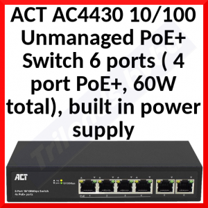 ACT AC4430 10/100 Unmanaged PoE+ Switch 6 ports ( 4 port PoE+, 60W total), built in power supply (retail)