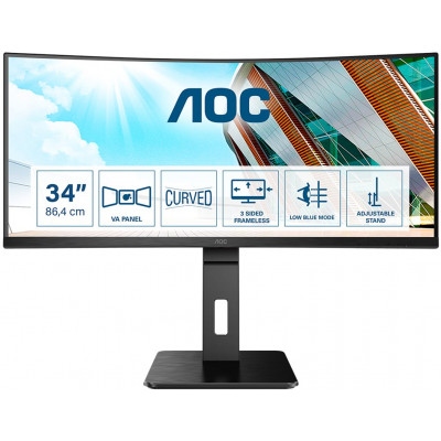 AOC CU34P2A - LED monitor - curved - 34" - 3440 x 1440 Ultra WQHD @ 100 Hz - VA - 300 cd/m - 3000:1 - 1 ms - 2xHDMI, DisplayPort - speakers - black