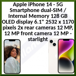 APPLE iPhone 14 - 5G smartphone dual-SIM / Internal Memory 128 GB OLED display 6.1" 2532 x 1170 pixels 2x rear cameras 12 MP, 12 MP front camera 12 MP starlight