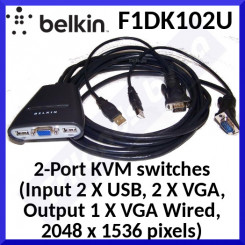 Belkin F1DK102U KVM 2-Port Switch - 2-Port KVM switches (Input 2 X USB, 2 X VGA, Output 1 X VGA Wired, 2048 x 1536 pixels) - Refurbished - Clearance Sale - Uitverkoop - Soldes - Ausverkauf