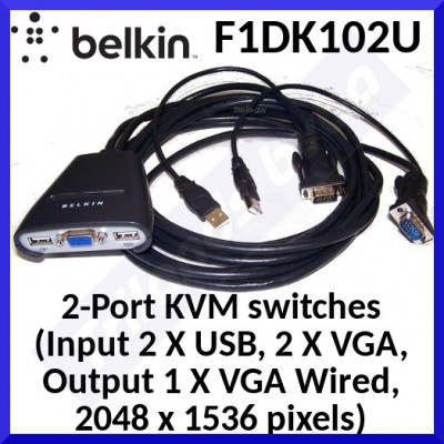 Belkin F1DK102U KVM 2-Port Switch - 2-Port KVM switches (Input 2 X USB, 2 X VGA, Output 1 X VGA Wired, 2048 x 1536 pixels) - Refurbished