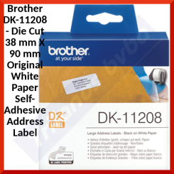 Brother DK-11208 Die Cut 38 mm X 90 mm White Paper Original Self-Adhesive Shipping Address Label - Pack of 400 Labels per Roll