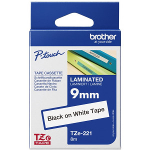 Brother TZe221 - Black on White Laminated Tape Roll - Roll (0.9 cm x 7.99 m) - for P-Touch PT-D200, D450, D800, E550, H110, P300, P750, P900, P950