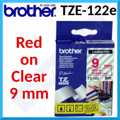 Brother TZE-122 - 9MM Red on Transparent Laminated Self-Adhesive Tape - 9 mm X 8 Meters