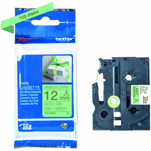 Brother TZe-RM34 - Satin - gold on mint green - Roll (1.2 cm x 4 m) 1 cassette(s) ribbon tape - for P-Touch Embellish