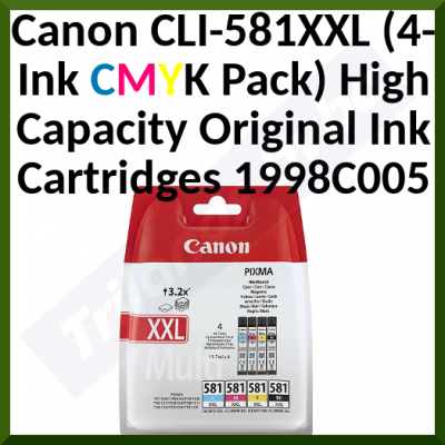 Canon CLI-581-XXL (4-XXL Ink CMYK Value Multipack) Original Extra High Yield XXL CYAN + XXL MAGENTA + XXL YELLOW + XXL BLACK Ink Cartridges (4 X 11.7 Ml.) 