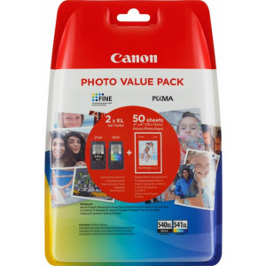 Canon PG-540XL Black + CL-541XL Tri-Color (2-Ink Pack) High Yield Original Ink Cartridges + Photo Paper Value Pack 5222B013 (+ 50 Sheets Glossy Photo Paper 10 cm X 15 cm) 