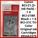Canon BCI-21 BLACK + Color (2-Ink Pack) - 1 X BCI-21BK Black + 1 X BCI-21C Tri-Color Original Ink Cartridges