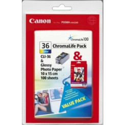 Canon CLI-36 Original Color Ink Photo Pack (1 X Canon Color Ink Cartridge + 100 Sheets PR-101 Glossy Photo Paper - 10 cm X 15 cm)