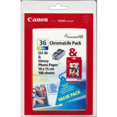 Canon CLI-36 Original Color Ink Photo Pack (1 X Canon Color Ink Cartridge + 100 Sheets PR-101 Glossy Photo Paper - 10 cm X 15 cm)