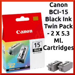 Canon BCI-15 Black Ink Twin Pack - 2 X 5.3 Ml. Cartridges - for i70, i80, iP90