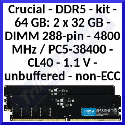 Crucial - DDR5 - kit - 64 GB: 2 x 32 GB - CT2K32G48C40U5 - DIMM 288-pin - 4800 MHz / PC5-38400 - CL40 - 1.1 V - unbuffered - non-ECC