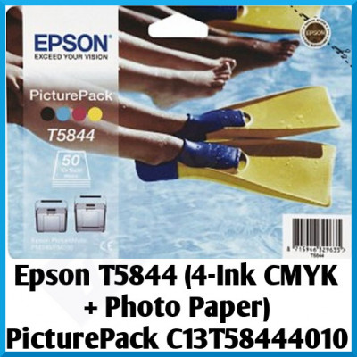 Epson T5844CMYK 4-Ink PACK + Photo Paper PicturePack C13T58444010 - Black / Cyan / Magenta / Yellow Original Ink Cartridges + 50 Sheets 100 mm X 150 mm Glossy Photo Paper