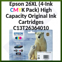Epson 26XL (C13T26364010) 4-Ink CMYK Pack Black | Cyan | Magenta | Yellow High Capacity Original Ink Cartridges