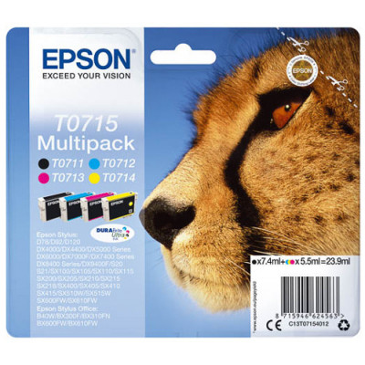 Epson T0715 CMYK (4-Pack) Black / Cyan / Magenta / Yellow Original Ink Cartridges C13T07154012