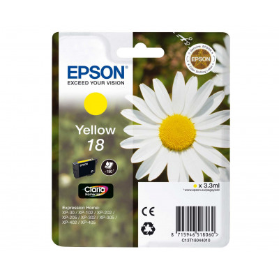 Epson 18 Yellow Ink Original Cartridge (3.3 ml) for Expression Home XP-212, XP-215, XP-225, XP-312, XP-315, XP-322, XP-325, XP-412, XP-415, XP-422, XP-425