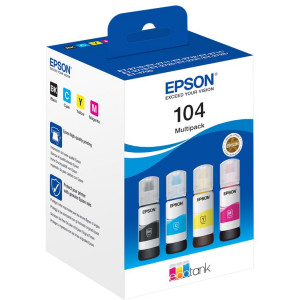 Epson 104 CMYK (4-Ink Pack) CYAN + MAGENTA +YELLOW + BLACK ORIGINAL ECOTANK Ink Cartridges C13T00R640 - 4 X 65 Ml. 