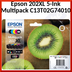 Epson 202XL (5-Ink CMYKPK Pack) Original High Capacity Black | Yellow | Cyan | Magenta | Photo Black Ink Cartridges Multipack C13T02G74010