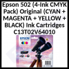 Epson 502 (4-Ink CMYK Pack) Black / Cyan / Magenta / Yellow Original Ink Cartridges - C13T02V64010