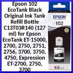 Epson 102 EcoTank Black Original Ink Tank Refill Bottle C13T03R140 (127 ml) for Epson EcoTank ET-15000, 2700, 2750, 2751, 2756, 3700, 3750, 4750; Expression ET-2700, 2750, 3700