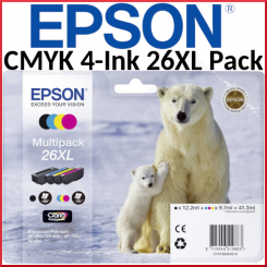 Epson 26XL (4-Ink CMYK Pack) Black | Cyan | Magenta | Yellow High Capacity Original Ink Cartridges C13T26364010