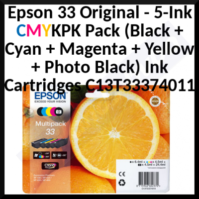 Epson 33 Original 5-Ink CMYKPK Pack (Black + Cyan + Magenta + Yellow + Photo Black) Ink Cartridges C13T33374011