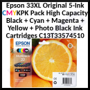 Epson 33XL Original 5-Ink CMYKPK Pack High Capacity Black + Cyan + Magenta + Yellow + Photo Black Ink Cartridges C13T33574510