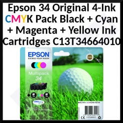 Epson 34 Original 4-Ink CMYK Pack (Black / Cyan / Magenta / Yellow) Ink Cartridges C13T34664010 for Epson WorkForce Pro WF-3720DWF. WF-3725DWF