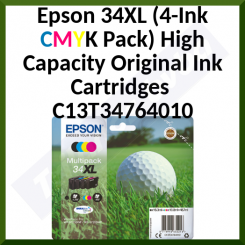 Epson 34XL Original 4-Ink CMYK Pack High Yield (Black / Cyan / Magenta / Yellow) Ink Cartridges C13T34764010 - for Epson WorkForce Pro WF-3720DWF. WF-3725DWF
