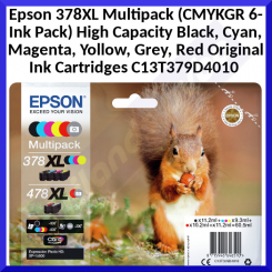 Epson 378XL (CMYKGR 6-Ink Pack) High Capacity Multipack Black, Cyan, Magenta, Yollow, Grey, Red Original Ink Cartridges C13T379D4010 for Epson Expression Home HD XP-15000