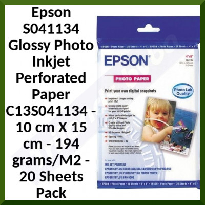 Epson S041134 Glossy Photo Inkjet Perforated Paper - 10 cm X 15 cm (100mm X 150mm) - 194 grams/M2 - 20 Sheets Pack