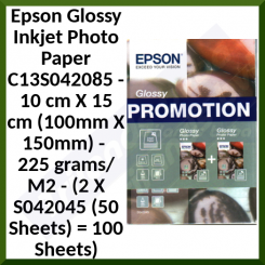 Epson Glossy Inkjet Photo Paper C13S042085 - 10 cm X 15 cm (100mm X 150mm) -  225 grams/M2 - (2 X S042045 (50 Sheets) = 100 Sheets)