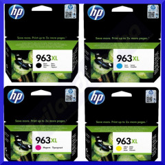 HP 963XL CMYK (4 High Capacity Ink CMYK Bundle) ORIGINAL High Yield CYAN 3JA27AE / MAGENTA 3JA28AE / YELLOW 3JA28AE / BLACK 3JA30AE OfficeJet ink Cartridges - (3 X 1600  Pages + 1 X 2000 Pages) 
