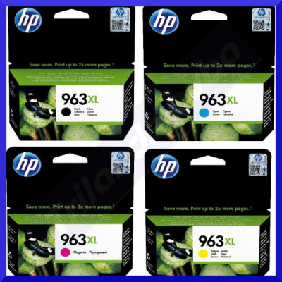 HP 963XL (4 X High Capacity CMYK Ink Bundle) Black 3JA30AE / Cyan 3JA27AE / Magenta 3JA28AE / Yellow 3JA29AE - (3 X 1600  Pages + 1 X 2000 Pages) Original OfficeJet ink Cartridges