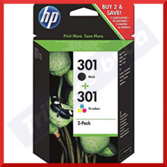 HP 301 (2-Ink Pack) - 1 X 301 Black + 1 X 301 Tri-Color Original Ink Cartridges N9J72AE#301 (Black 190 Pages + Color 165 pages)