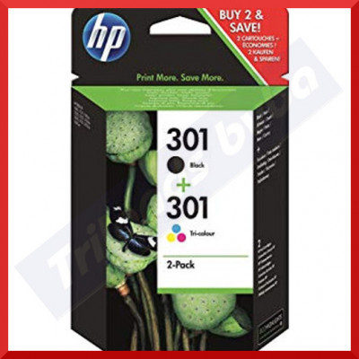 HP 301 (2-Ink Pack) - Original 1 X 301 Black + 1 X 301 TRI-COLOR Ink Cartridges N9J72AE (Black 190 Pages + Color 165 pages)