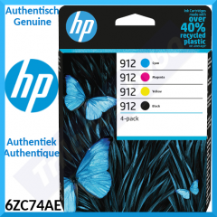 HP 912 CMYK (4-Ink CMYK Pack) Original Black / Cyan / Magenta / Yellow Officejet Ink Cartridges 6ZC74AE