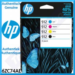 HP 912 (4-Ink CMYK Pack) Black / Cyan / Magenta / Yellow Officejet Original Ink Cartridges 6ZC74AE