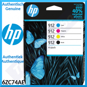 HP 912 CMYK (4-Ink Pack) BLACK + CYAN + MAGENTA + YELLOW ALL Original Ink Cartridges 6ZC74AE