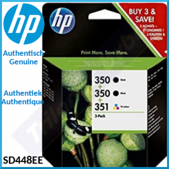 HP 350 Black / 351 Tri-Color (3-Pack) - 2 X HP 350 Black / 1 X 351 Tri-Color Original Ink Cartridges (SD448EE) - Outlet Sale - Original Sealed Product - Old Retail Box
