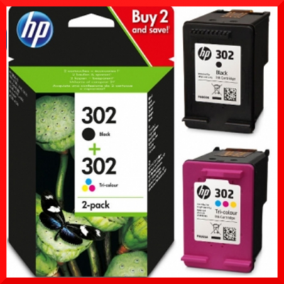 HP 302 (2-Ink Black+ Color Bundle) 1 X 302 Black + 1 X 302 TriColor Original Ink Cartridges X4D37AE (1 Black 190 Pages + 1 Color 165 pages) - X4D37AE