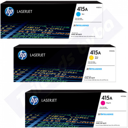 HP 415A CMY (3-Toner CMY Bundle) Cyan W2031A + Magenta W2033A + Yellow W2032A ALL ORIGINAL LaserJet Toner Cartridges (3 X 2.100 Pages)