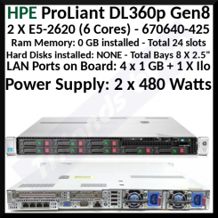 HPE ProLiant DL360p Gen8 (670640-425) - Dual CPU - 2 X E5-2620 (6 Cores) - 0 GB Ram Memory Installed - P420i SAS / SATA FBWC Controller - Hard Disks installed: NONE - 4 X Gigabit LAN - (Performance Server)