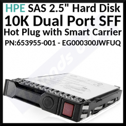 HPE 300 GB Enterprise Hot Plug SAS 2.5 Inch 10K Dual Port SFF Hard Disk 653955-001 - With Smart Carrier for HP Proliant Gen 8, 9, 10 - Condition: REFURBISHED
